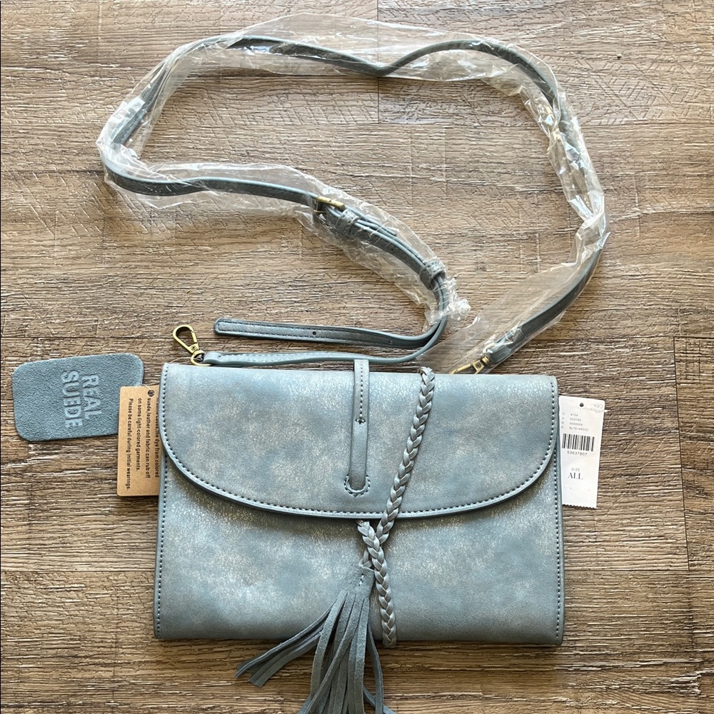ANTHROPOLOGIE REAL SUEDE CLUTCH WITH CROSSBODY STRAP & TASSEL